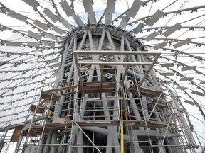 The framing for a waterfall feature above the observation deck atop The Leaf, a horticultural attraction under construction at Assiniboine Park in Winnipeg, is seen during a media tour on Wed., Nov. 17, 2021.  KEVIN KING/Winnipeg Sun/Postmedia Network
