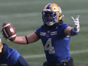 Winnipeg Blue Bombers Adam Bighill during practice in Winnipeg on Friday Nov. 26. 2021.