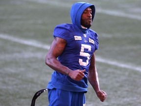 Defensive end Willie Jefferson loosens up during Winnipeg Blue Bombers practice on Sunday, Nov. 28, 2021.