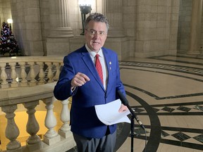 Manitoba Liberal Leader Dougald Lamont spoke to media at the Manitoba Legislature in Winnipeg on Tuesday Nov. 30, 2021 about freedom of information findings pertaining to ICU capacity during the pandemic.
