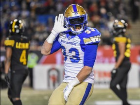 Winnipeg Blue Bombers Andrew Harris celebrates during the Grey Cup CFL championship football game against Hamilton Tiger-Cats on Sunday, November 24, 2019. Azin Ghaffari/Postmedia Calgary