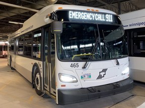 A Winnipeg Transit bus with a new emergency signal system at the Transit garage on Thursday, Dec. 9, 2022.  James Snell/Winnipeg Sun