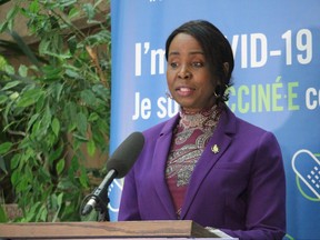 Manitoba's Health Minister Audrey Gordon spoke at the University of Manitoba's Rady Faculty of Health Science on Thurdasy Dec. 16, 2021 to commemorate the first anniversary of the Protect MB vaccination campaign.  James Snell/Winnipeg Sun