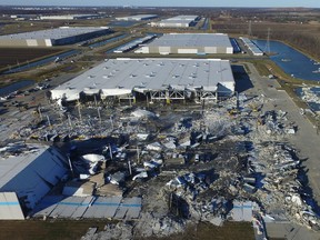 The site of a roof collapse at an Amazon.com distribution centre a day after a series of tornadoes dealt a blow to several U.S. states, in Edwardsville, Illinois, December 11, 2021
