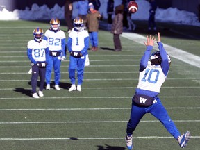 Nic Demski hauls in a long pass during Blue Bombers practice last week.  The local  Winnipegger reflects on the possibility of winning back-to-back Grey Cups for the first time since the 1961 and ’62 seasons.