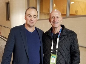 Former Jets great, the late Dale Hawerchuk, and NHL linesman Vaughan Rody, at the 2016 Heritage Classic in Winnipeg.
