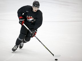 Cole Perfetti skates during a practice at the Canadian World Junior Hockey Championships selection camp in Calgary, Alta., Saturday, Dec. 11, 2021.