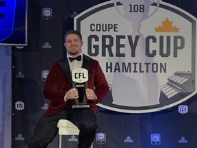 Adam Bighill was named the CFL’s most outstanding defensive player for the third time in his career, and second time in his three seasons with the Bombers.
