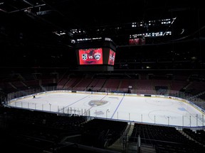 A general view of the empty ice rink prior to the game between the Florida Panthers and the Los Angeles Kings at FLA Live Arena in Sunrise, Fla., Dec. 16, 2021.