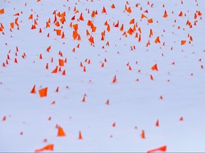Orange flags representing children who died at residential schools are partially buried in snow in front of the Manitoba Legislative Building in Winnipeg on Tuesday, Nov. 16. 2021.