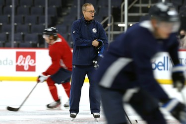 Head coach Paul Maurice in the centre of the action during Winnipeg Jets practice at Canada Life Centre on Mon., Nov. 1, 2021. KEVIN KING/Winnipeg Sun/Postmedia Network