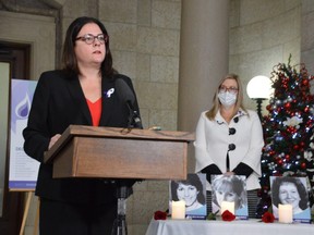 Manitoba Premier Heather Stefanson spoke on Monday during a ceremony commemorating the 32nd anniversary of the 1989 Montreal Massacre, in which 14 women were killed by a gunman at École Polytechnique de Montréal. Dave Baxter/Local Journalism Initiative/Winnipeg Sun