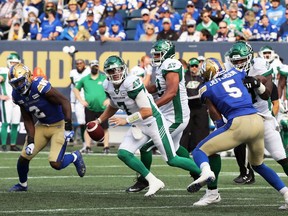 Saskatchewan Roughriders quarterback Cody Fajardo, 7, will face the Winnipeg Blue Bombers' top-ranked defence in Sunday's CFL West Division final.