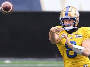 Quarterback Zach Collaros slings a pass during Winnipeg Blue Bombers practice on Wednesday, Dec. 1, 2021.