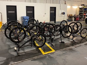 Bikes believed to be stolen are seen at the Winnipeg Police evidence storage unit. A 51-year-old Winnipeg man faces property and identity fraud-related charges after Winnipeg Police executed a search warrant at a storage facility in the 500 block of Hervo Street in the Fort Garry Industrial Park on Nov. 16.