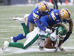 Winnipeg Blue Bombers LB Adam Bighill (top) and DE Jonathan Kongbo down Saskatchewan Roughriders RB William Powell in the CFL West Final in Winnipeg on Sunday, Dec. 5, 2021.