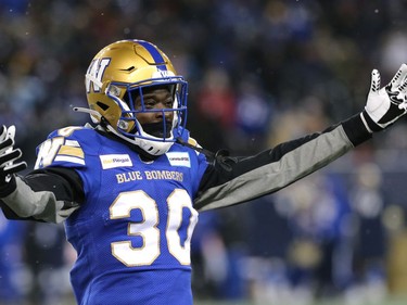 Winnipeg Blue Bombers DB Winston Rose wants more fan noise late in the fourth quarter against the Saskatchewan Roughriders in the CFL West Final in Winnipeg on Sunday, Dec. 5, 2021.
