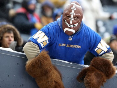 Fan action during the CFL West Final between the Winnipeg Blue Bombers and Saskatchewan Roughriders in Winnipeg on Sunday, Dec. 5, 2021.