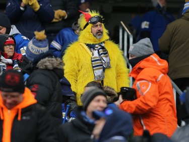 Fan action during the CFL West Final between the Winnipeg Blue Bombers and Saskatchewan Roughriders in Winnipeg on Sunday, Dec. 5, 2021.