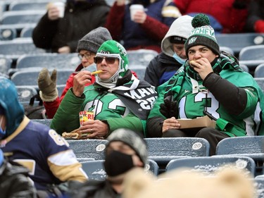 Fan action during the CFL West Final between the Winnipeg Blue Bombers and Saskatchewan Roughriders in Winnipeg on Sunday, Dec. 5, 2021.