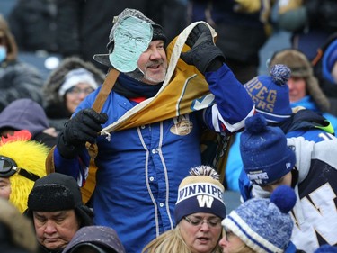 Fan action during the CFL West Final between the Winnipeg Blue Bombers and Saskatchewan Roughriders in Winnipeg on Sunday, Dec. 5, 2021.