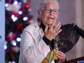 Elder Mae Louise Campbell, co-founder of Clan Mothers Healing Village at a press event in Winnipeg where funding was announced on Tuesday, Dec. 14. 2021.