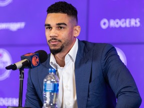 Edmonton Oilers forward Evander Kane answers questions about his signing to a one-year deal during a press conference at Rogers Place in Edmonton on Friday, Jan. 28, 2022.