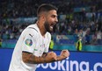 Italy's Lorenzo Insigne celebrates scoring their third goal vs Turkey on June 11, 2021 at Stadio Olimpico in Rome.