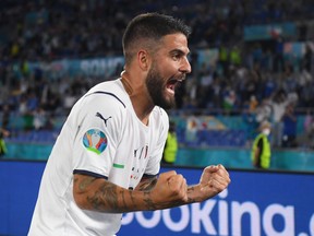 Italy's Lorenzo Insigne celebrates scoring their third goal vs Turkey on June 11, 2021 at Stadio Olimpico in Rome.