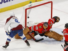 Colorado Avalanche defenceman Cale Makar scores the winning goal in overtime against the Chicago Blackhawks at United Center on Jan. 4, 2022.