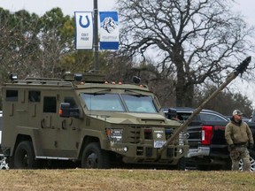 An armoured law enforcement vehicle is seen in the area where a man has reportedly taken people hostage at a synagogue during services that were being streamed live, in Colleyville, Texas January 15, 2022.