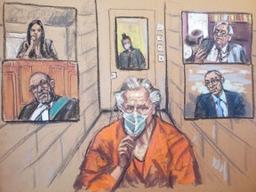 Canadian fashion designer Peter Nygard appears via video feed during his bail hearing in connection with multiple sexual assault charges in a courtroom in Toronto, Ontario, Canada, in this courtroom sketch January 6, 2022. Clockwise from top left are defence lawyers Michelle Biddulph and Brian Greenspan, Ontario prosecutor Neville Golwalla and Ontario Justice of the Peace John Scarfe.