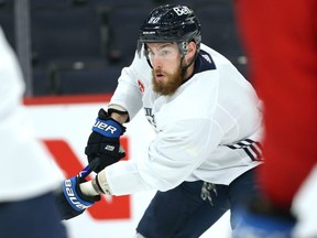 Pierre-Luc Dubois dangles during Winnipeg Jets practice on Monday, Jan. 17, 2022.