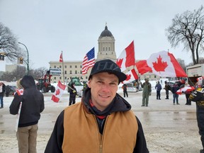 Freedom Convoy coorganizer Caleb Brown spoke with the Winnipeg Sun outside the Manitoba Legislative Building on Wednesday, Feb. 9, 2022.  James Snell/Winnipeg Sun