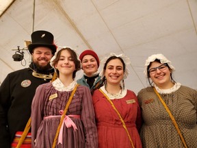 Festival du Voyageur’s official family attended a press conference on Feb. 17, 2022 at Voyageur Park in St. Boniface. 
Gab-Riel “Pit” Turenne (left), Julie Turenne (right), with their children Annika Turenne (second from right), Martin Turenne, Natasha Turenne.  James Snell/Winnipeg Sun