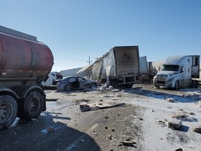 Three people were taken to hospital after a pileup involving about 20 semis and five passenger vehicles closed the TransCanada Highway in both directions, between Virden and Brandon on Thursday afternoon. RCMP handout