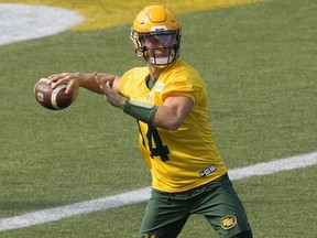 Dakota Prukop (14) takes part in an Edmonton Elks team practice at Commonwealth Stadium, in Edmonton Thursday Sept. 9, 2021. Photo by David Bloom