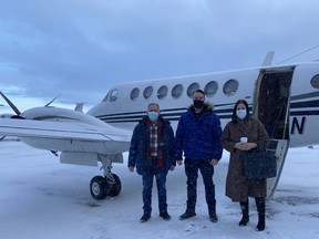 On Wednesday Premier Heather Stefanson, right, and Manitoba’s Minister of Indigenous Reconciliation and Northern Relations Alan Lagimodiere, left, travelled to Pimicikamak Cree Nation (PCN) and met with Chief David Monias. Twitter photo