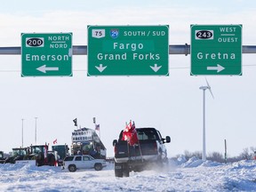 Truckers and their supporters continue to block the Canada-U.S. border in protest against the coronavirus disease (COVID-19) vaccine mandates and other government policies in Emerson, Manitoba, Canada, February 12, 2022.