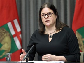 Premier Heather Stefanson speaks during a COVID-19 update at the Manitoba Legislative Building in Winnipeg on Wednesday, Feb. 2, 2022.