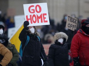 Hundreds of people assembled at the Manitoba Legislative Building to demonstrate against the so called "Freedom Convoy" on Saturday. Feb. 12. 2022.