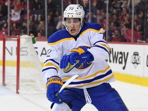 Buffalo Sabres forward Tage Thompson (72) scores against the Calgary Flames in overtime at Scotiabank Saddledome in Calgary on March 18, 2022. Sabres won 1-0.