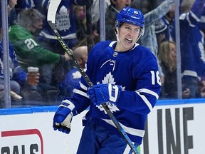 Maple Leafs’ play-making forward Mitch Marner, who entered the NHL one year after Vegas’ Jack Eichel (inset), is second behind Edmonton’s Connor McDavid with 294 points in 403 games while Eichel has 220 points in 385 games.  USA TODAY Sports