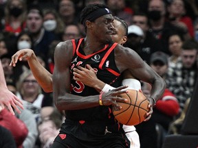 Raptors forward Pascal Siakam (43) is fouled by Cleveland Cavaliers guard Darius Garland (10) at Scotiabank Arena.