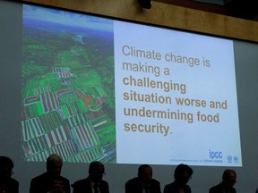 A slide is pictured behind members of the United Nations Intergovernmental Panel on Climate Change (IPCC) during a news conference on the Special Report on Climate Change and Land after IPCC's 50th session in Geneva, Switzerland, August 8, 2019.