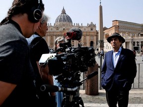 Phil Fontaine, indigenous leader who revealed Canada's resident schools abuse, speaks to the media ahead of meeting Pope Francis near St. Peter's Square at the Vatican, March 29, 2022. Picture taken March 29, 2022. REUTERS/Antonio Denti