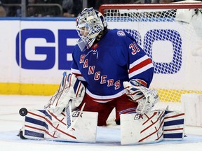 New York Rangers goaltender Igor Shesterkin (31) makes a save against the St. Louis Blues during the second period at Madison Square Garden in New York on Wednesday, March 2, 2022.