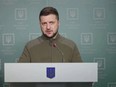 Ukraine's President Volodymyr Zelenskyy speaks during a video address as Russia's attack on Ukraine continues, in Kyiv, Ukraine March 22, 2022.