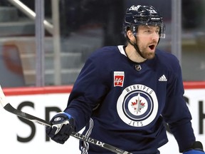Winnipeg Jets captain Blake Wheeler reacts during practice on Monday, March 7, 2022.