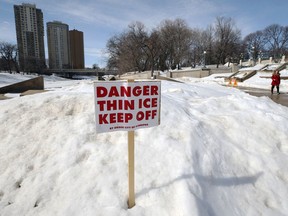 A warning sign on the river walk behind the Manitoba Legislative Building in Winnipeg on Sunday, March 20, 2022.